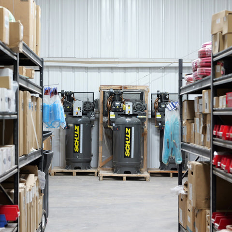 Air compressors and stocked parts warehouse at Advanced Air & Vacuum’s El Centro location.
