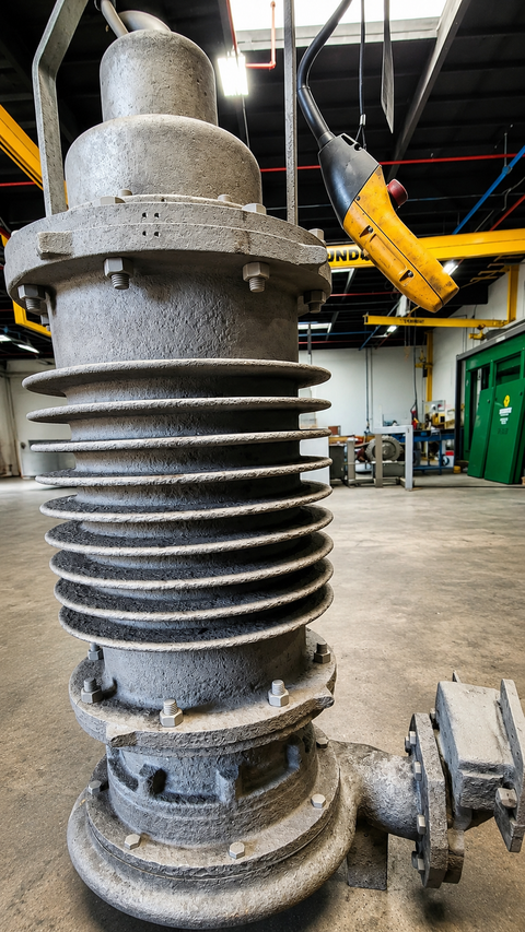 Sandblasted industrial pump and motor component prepared for repair, rebuild, or refinishing.