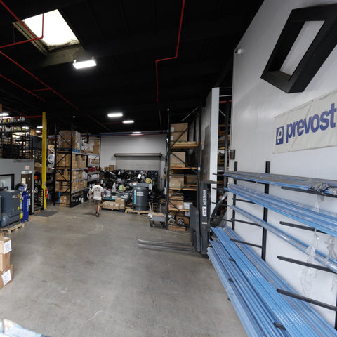 Compressed air parts warehouse with Prevost aluminum piping at Advanced Air & Vacuum in Avondale, AZ.