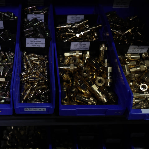 Compressed air fittings and nozzles stocked at Advanced Air & Vacuum Parts Department.