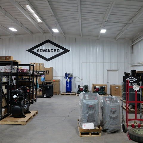 Compressed air equipment showroom and parts department at Advanced Air & Vacuum in El Centro.